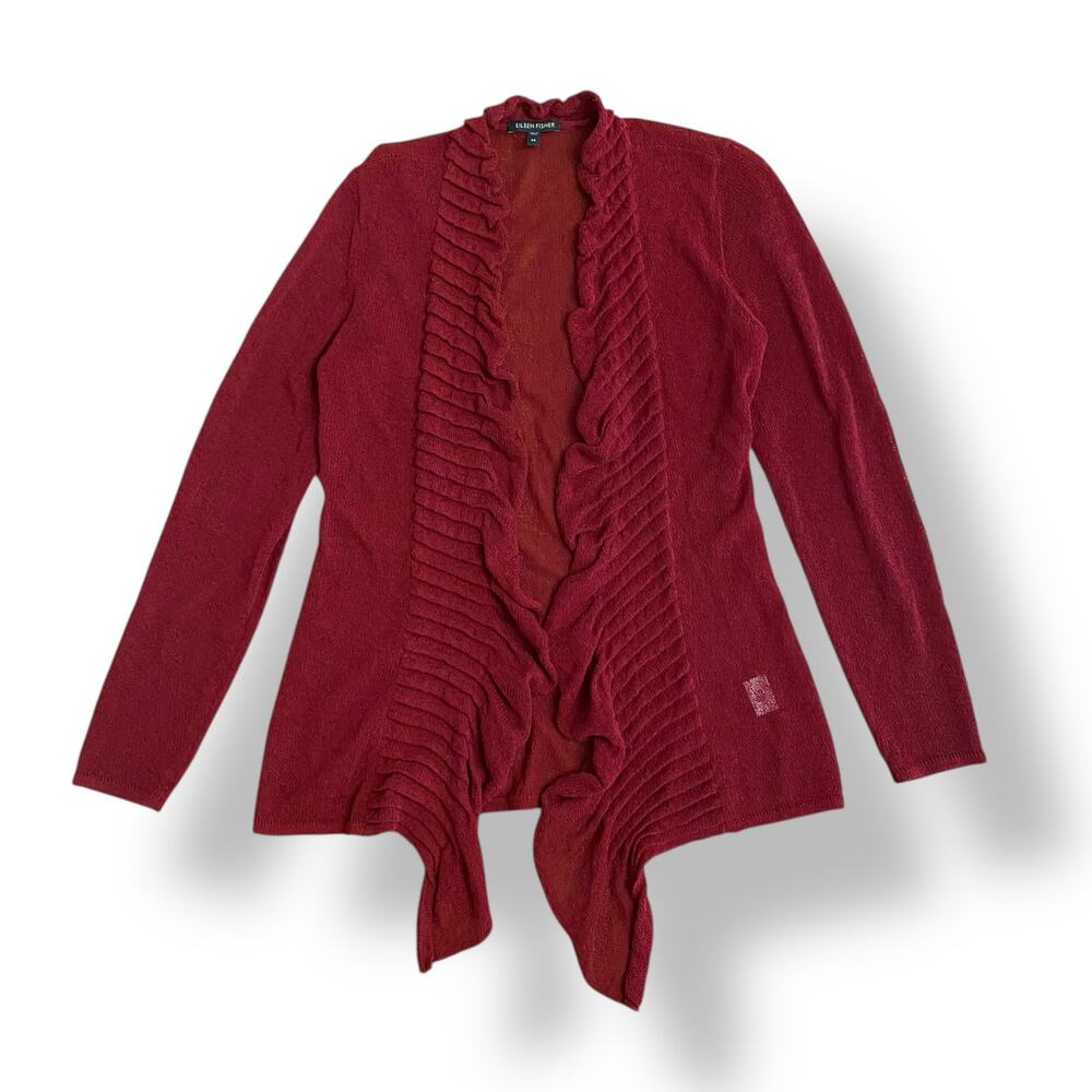 Eileen Fisher Wine Red Linen Blend Open Knit Open Front Ruffle Cardigan‎ Size XS